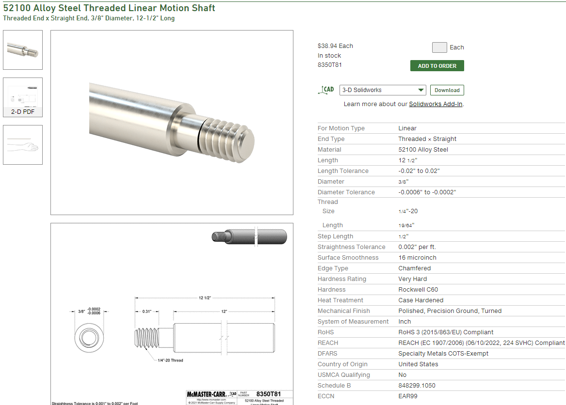 The McMaster-Carr page of the Rod I am thinking of ordering